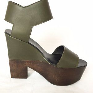 Celine Two Tone Leather Platform Ankle Strap Wedge Sandals Dark Green 39